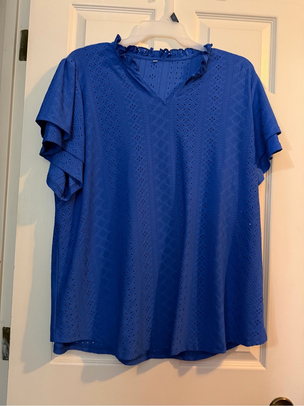 Royal Blue Eyelet Ruffle Sleeve V-Neck Blouse